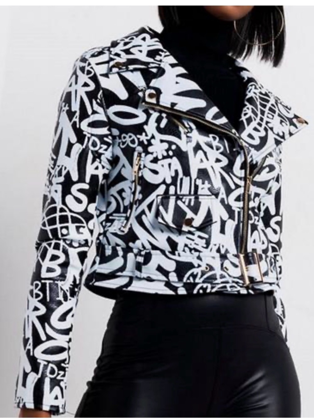 Azalea Wang No Game Graffiti-Print Black & White Faux Leather Moto Jacket.